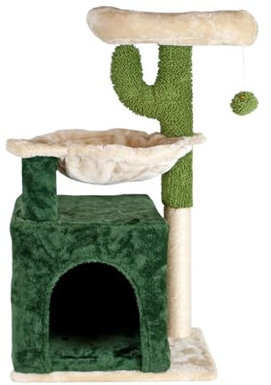 Aqpet Rascador con caseta y Hamaca de sisal y Tela, Altura 75 cm para el máximo Disfrute de su Gato, Color Beige/Verde