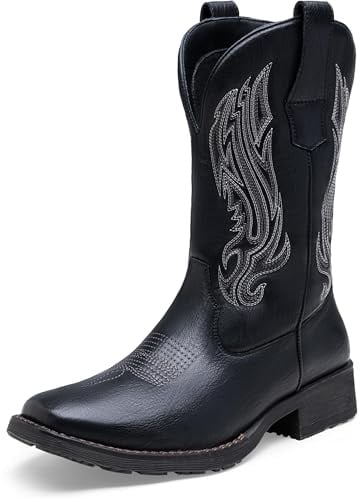 Jousen Cowboy Boots for Men Embroidery Men's Western Boots Retro Square Toe Mens Boot Botas Vaqueras Para Hombre (AMY8420 black 10.5)