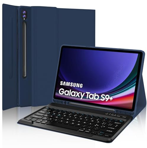 IVEOPPE Tastiera Samsung Galaxy Tab S9FE Plus 12.4 2023, Cover Tastiera Samsung tab S9 Plus, Tastiera Italiano Bluetooth Rimovibile per GalaxyTab S9Fe/S9+, Blu scuro