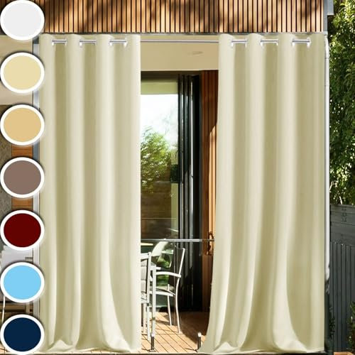 HUAXIQUE Wetterfeste Outdoor Vorhänge Wetterfest 1 Stück Auf Maß Extra Breit Outdoor Deko Winddicht Gardinen Outdoor Wasserfest für Garten Balkon terrasse Outdoor Pergola Pool 310x300cm Beige