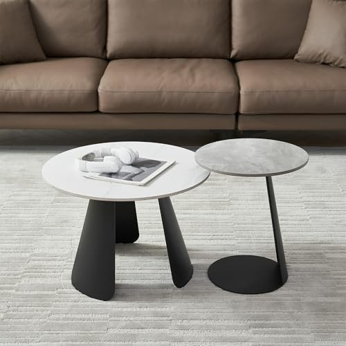 CHICFURN Couchtisch Wohnzimmertisch 2er Set für Wohnzimmer, Schlafzimmer Balkon, Beistelltisch Satztisch rund mit Schwarz Metallbeinen und Tischplatte aus Schiefer, Grau&Weiß