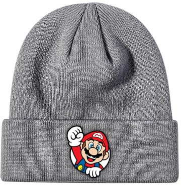 MAJEQZGY Mario Beanie Strohmütze Strickmütze Mario Winter Beanie Mützen Weiche Skimütze Wollmütze Geschenk für Kinder im Alter von Jugendliche (DE/NL/SE/PL, Alphanumerisch, M, 60, Grau)