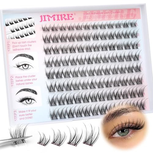 JIMIRE Self Adhesive Individual Eyelashes Wispy Lash Clusters D Curl Pre Glued Eyelashes Clusters 8-14MM Natural Press on Cluster Lashes Easy to Apply Self Adhesive Lash Clusters No Glue Needed