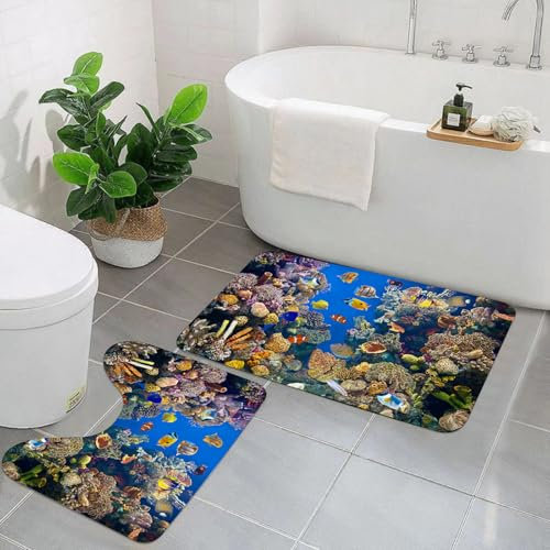 KGDHY Badezimmermatten-Sets 2-Teilig,Farbenfrohes Aquarium mit verschiedenen schwimmenden Fischen,Bad und WC-Vorleger-Set,rutschfeste Badezimmerteppiche wasserabsorbierende