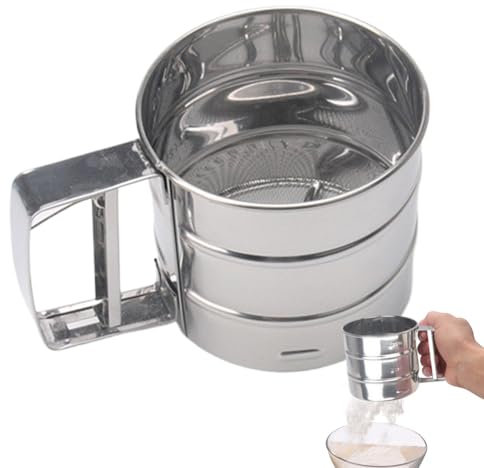 Flour Sifter, Stainless Steel Powdered Sugar Sifter Large Capacity Flour Shaker Cup Fine Mesh Baking Sifter Baking Sieve Cup for Icing Sugar Cake Flour, 15.5x9.5cm