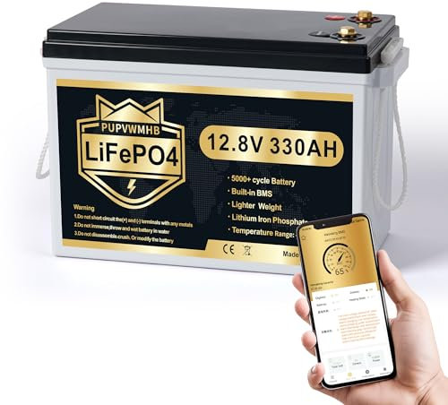 PUPVWMHB Batteria al litio Mini LiFePO4, 12 V, 330 Ah, batteria al litio Bluetooth, 200 A, BMS, fino a 15.000 cicli, max. 4224 Wh con taglio a bassa temperatura, perfetta per RV, solare, motore a