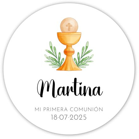Pegatinas Personalizadas Comunion | Diseño Original de Primera Comunion en Papel Laminado Redondas - Detalles para Invitados de Primera Comunion Niños y Niñas - ONEPERSONAL (Cáliz)