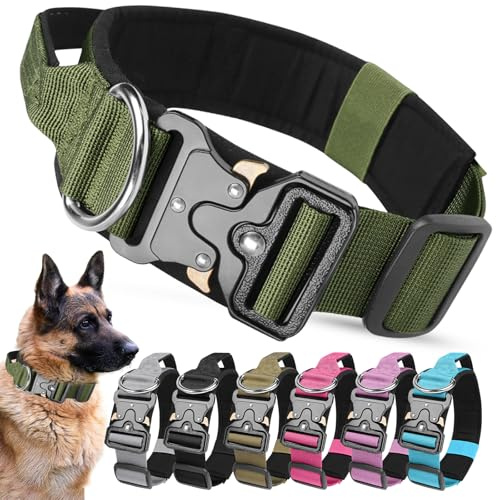 AKOFIC Taktisches Hundehalsband mit Griff, Breites Halsband Hund Gepolstert aus Nylon, Verstellbar Robuster Dog Collar mit Metallschnalle für Mittlere Große Hunde (Armeegrün, M)