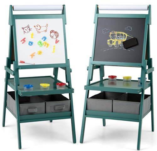 FANTASK 3-in-1 Tafel Kinder, doppelseitige Kindertafel mit Papierrolle & magnetischer Kreidetafel & Whiteboard, inkl. 3 Farbbechern & 2 Boxen(Blau)