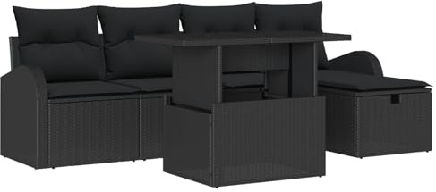 vidaXL 6-teiliges Garten-Sofa-Set mit Kissen für draußen, schwarzes Poly-Rattan, UV-beständig, modernes Design, Stauraum für Balkone und Terrassen, Möbelset für die Terrasse