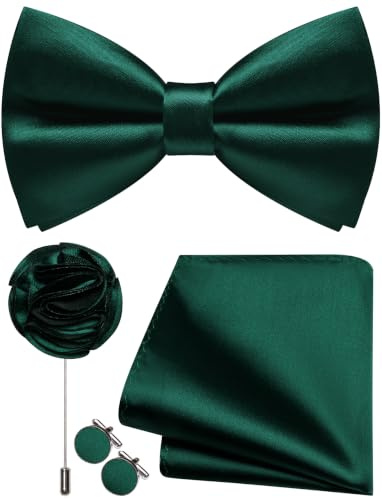 Ailisus Mens Dark Green Bow Tie and Pocket Square Cufflinks Lapel Pin Set Silk Pre-tied Bowtie Adjustable Wedding Party Business