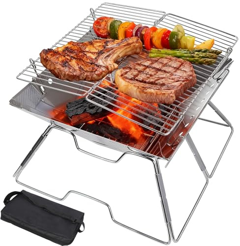 Lineslife Portable Fire Pit with Grill for Camping, Heavy Duty Collapsible Foldable Fire Pit with Campfire Grill & Carry Bag for Outdoor, Backyard, Patio, Picnic, BBQ
