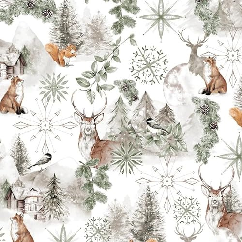 je 1m Waldtiere Baumwollstoff in Meterware - je 100cm fester Baumwollstoff mit Hirsch Fuchs Vogel im Winter - Tiere Stoffe zum Nähen mit Wintermotiv - Winterwald mit grün