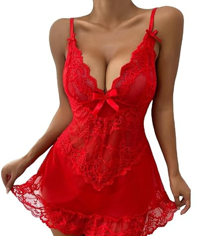 Risipu Sexy Lingerie for Women Lingerie Sets for Women UK Sexy Nightwear for Women Lace Babydoll with Robe Nightdress Sleepwear (A-Red, S)