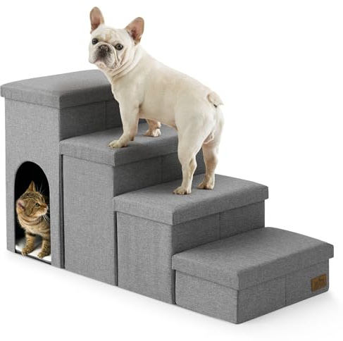COZY KISS Hundetreppe für Kleine Hunde mit Stauraum, Breite Haustiertreppe Faltbare für Bett und Couch, Hunderampe mit Rutschfestem Boden, Lecksichere (Grau, Condo(109x43x58cm), 4)
