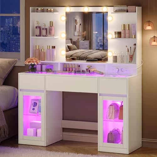 VASAGLE Schminktisch mit Spiegel, RGB-Beleuchtung, Steckdose, 2 Schränke | Holzspanplatte und Glas, ohne Hocker, 107 x 40 x 144,5 cm, für Schlafzimmer, Weiß, KAILYN Kollektion RDT145WB01