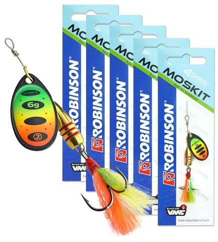 ROBINSON Spinner Angelköder 5er Set | für Hecht, Barsch, Zander & Forelle | Starke Druckwellen durch breites Metallblatt · VMC-Drilling auf Edelstahl · Feder am Haken · 5er Sparset