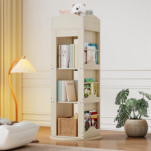 kozamas Drehbares Bücherregal 360° 142x63x63 cm, Naturholz, 4-stöckige Vitrine & Aufbewahrungsschrank, als Sammlervitrine für Kinder & Erwachsene, Standregal mit Drehfunktion