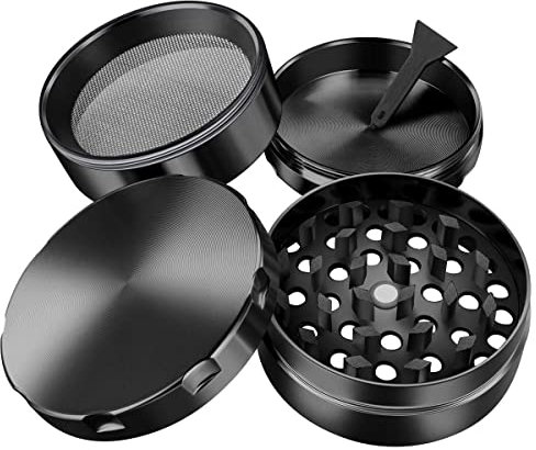 iLC Grinder pour Spice, Herb Moulin Broyeur Avec Pollen Catcher 2- Fabriqué en Alliage de zinc durable - 4 Pièces - dents en forme de diamant (Noir)