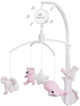 Baby's Only - Musik Mobile Baby - Mit gestrickten Figuren - Baby Spieluhr mit Musik - Einfach anzubringen - Mobile Baby mit Musik - Sanfte Farben - Für Mädchen - Klassisch Rosa/Baby Rosa/Weiß