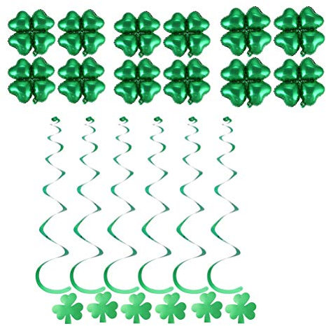BESTOYARD St. Patricks Day Luftballons Banner Girland Deko Spiralen mit Vierblättriges Kleeblatt Anhänger St. Patricks Day Dekoration 18 Stück (Grün)