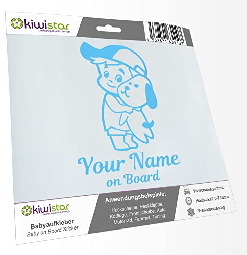 Babyaufkleber - Lichtblau - Junge Hund Cappy Sticker - mit Wunschtext individuell personalisiert + on Board 15cm - für Auto, Motorrad, Fahrrad, Tuning