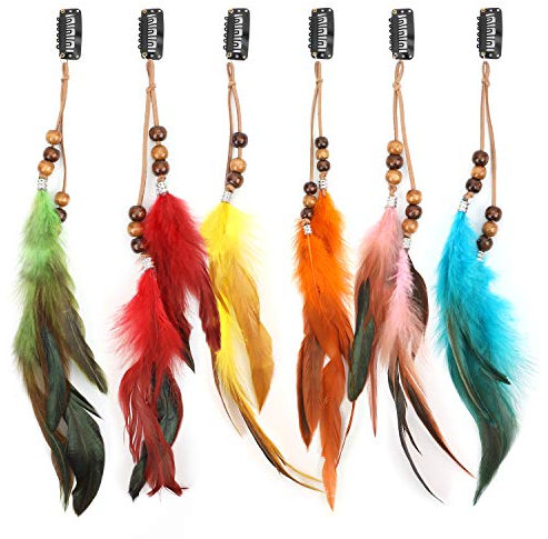 MWOOT 6 Stück Federn Haarextensions, Kopfschmuck Haarverlängerung mit Federn, Boho Haarschmuck für Faschingskostüm Karneval Halloween Verkleiden Damen Cosplay Haardeko Zubehör Bunt Feder Haarspangen