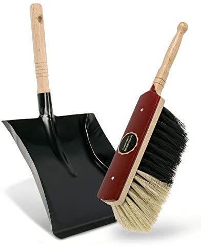 Agrarflora Premium Kehr-Set - Kehrblech aus Metall und Handbesen mit Rosshaar Borsten - staubbindende Kehr-Garnitur - Stubenhandfeger