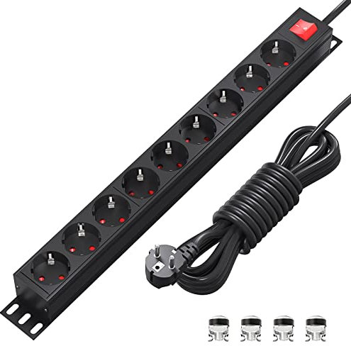 Steckdosenleiste Wandmontage 9 Fach, Mehrfachsteckdosen mit Schalter 19 Zoll Steckdosenleiste Rack steckdosenleiste 19’’, 2M Kabel, 16A/3500W für küche, Zuhause, Büro
