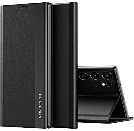 TISIM Custodia Cover per Samsung Galaxy S22 Ultra, Custodia Folio Placcatura in Pelle con Supporto e Magnetico, PC traslucida/PU di alta qualità Luxury Antiurto Flip Libro Phone Case Nero