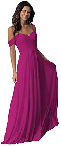 WTWVIAN Donna A-Line Off La Spalla Pavimento-Lunghezza Chiffon con Increspature Damigella D'Onore Abito da S, Fucsia, 50