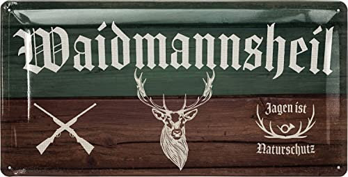 LANOLU Jäger Blechschild retro WAIDMANNSHEIL - Schild Jäger als Geschenk für Männer - Schützenfest Deko Schild für Partykeller als Bardeko - vintage Metallschild in Holz Optik, 17x34 cm