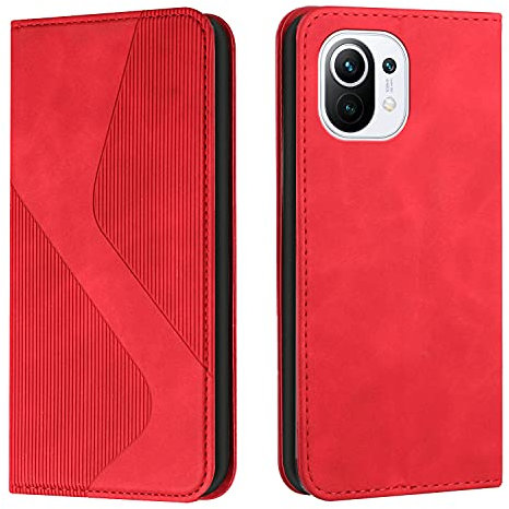 NEXCURIO Handy Hülle für Xiaomi Mi 11 Lite 5G NE Neu Handyhülle mit Kartenfäch Klapphülle Klappbar Schutzhülle Leder Flip Wallet Case Cover Tasche Handytasche Stoßfeste - Rot