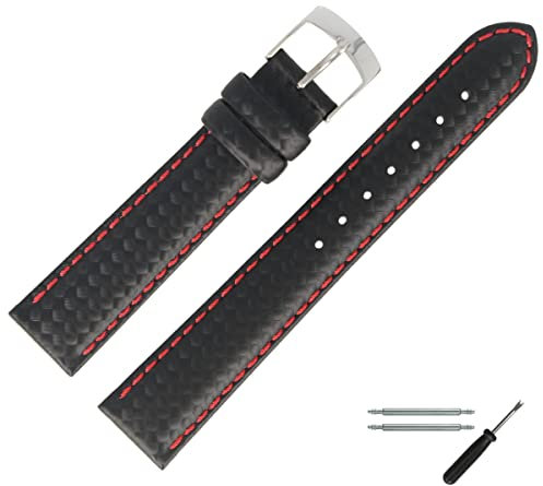 MARBURGER Uhrenarmband 18mm Leder Schwarz Silber Mit Naht - Montage Set 7701810410120