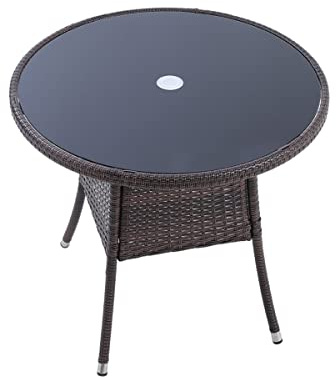 The Fellie Patio Table Garden Rattan Table Tempered Glass Tabletop 80cm Round Coffee Tables Outdoor Bistro Tables with Umbrella Hole,Brown