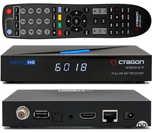 OCTAGON SFX6018 S2+IP 1x DVB-S2 HD H.265 HEVC, E2 Linux, receptor de satélite, función de grabación, lector de tarjetas, YouTube, radio web, HDMI, negro