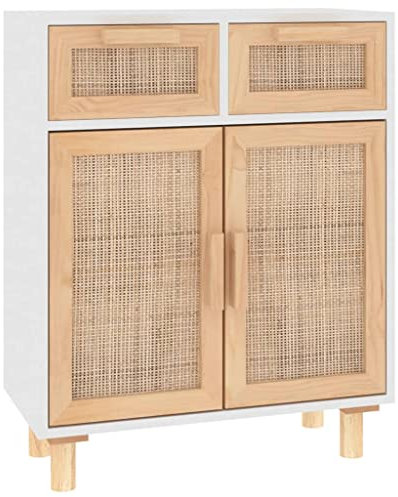 vidaXL Sideboard Schrank Anrichte Beistellschrank Kommode Mehrzweckschrank Standschrank Weiß 60x30x75cm Massivholz Kiefer Natur-Rattan