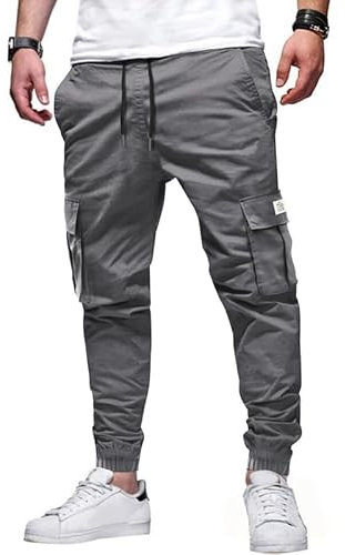 Elegancity Graue Jogginghose Herren Cargohose Einfarbig Hose Männer Causal Sporthose Elastische Freizeithose mit 6 Tasche S