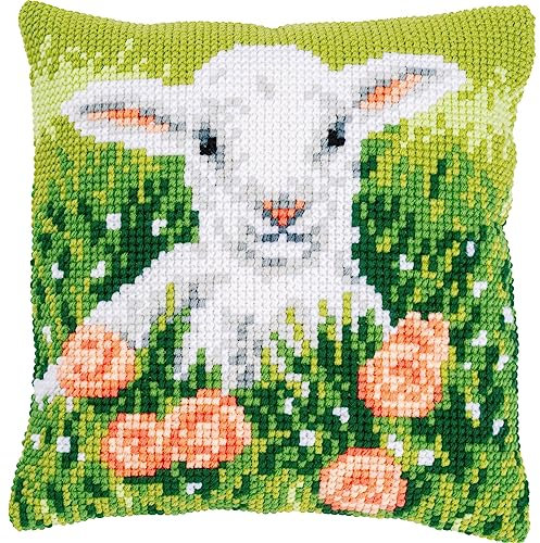 Vervaco Kreuzstich Stickpackungen Kissen Stickerei Set Anfänger Vorgedruckt Lamm zwischen Blumen DIY Set Kreativ Set Für Erwachseneca. 40 x 40 cm Bastelset Handwerker Haus Dekoration