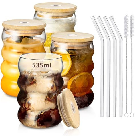 Drinking Glasses with Bamboo Lids and Straws, Ribbed Water Glasses Cups Set of 4, Glassware Tumblers, 535ml Iced Coffee Glasses, Wave Bubble Glasses Tumbler for Coctail, Milk, Soda