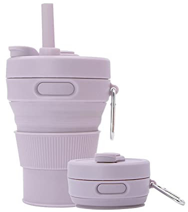 UNNESTAR Tasse à café pliable en silicone pour camping, voyage avec paille, réutilisable, portable, 450 ml (violet - 450 ml, 1)