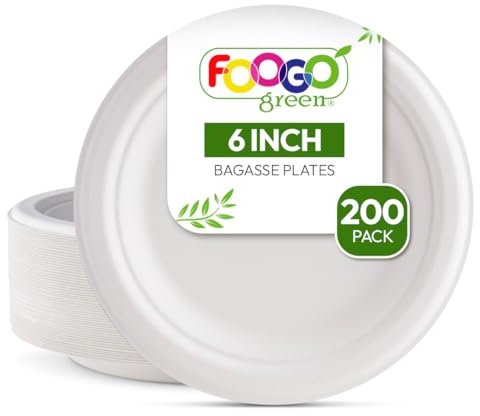 FOOGO Green 200 Disposable Sugarcane Bagasse Plates, 6 inch (15 cm), for Desserts and Starters, Eco Friendly Biodegradable Compostable, Picnic, Party, Small Round Strong Paper Plates