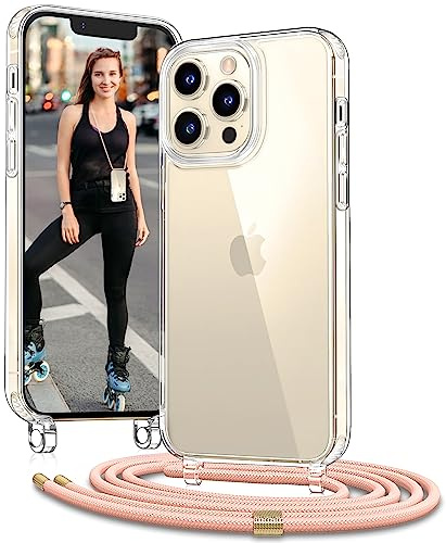 Vaykwo Handykette mit Band für Apple iPhone 13 Pro Hülle - Necklace Handyhülle - Transparente Case zum Umhängen mit Kameraschutz und Bildschirmschutz - Rosa