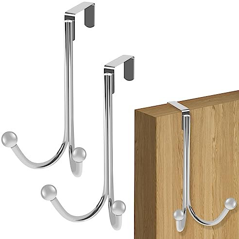 TOKPLNU Over Door Hangers, Heavy Duty Stainless Steel Over Door Hooks Silver Vintage Door Coat Towel Shower Hooks Double Door Hooks Hanging Storage Rack for Hat Bag Jacket,2 Pack