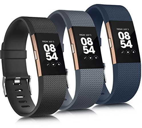 Amzpas 3 Stück Armbänder für Fitbit Charge 2 – kompatibel mit Damen und Herren, Ersatz aus Silikon für Fitness (L, Schwarz/Schiefer/Blau)