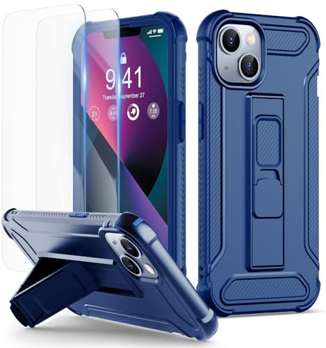 ORETECH Coque pour iPhone 13 et iPhone 14 avec [2 Verre Trempé] et [Support] Anti-Rayure Coque iPhone 14 Coque iPhone 13 Antichoc PC Rigide TPU Souple Bumper Etui iPhone 13/14,6,1 Pouces,Bleu