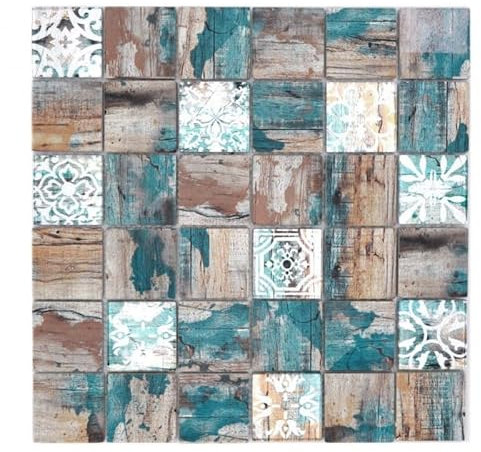 Glasmosaik Mosaikfliese Medio Vintage Patchwork beige pertrol Holzoptik Ornament MOS160-W800