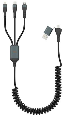 100W Coiled USB C to Multi Charging Cable - 5 in 1 USB A & USB C to Type C/ Lightning/ Micro Cable Fast Charging Sync Data Retractable Multiple Charger Cord Combo for iPhone Android iPad Laptop, 10FT