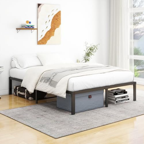 VERFARM Plattformbett aus Metall, Bettrahmen 140 x 200 cm Metallbett mit Lattenrost Metall, Modern Metallbett Für Erwachsene, Kinder, Jugendliche, Einfache Montage, Doppelbett Schwarz 36cm H