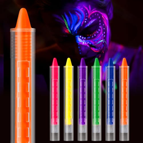 NebulaGlam 6 Colores Pintura De Cara De Neón Brillante UV, Ceras Fluorescente De Color De La Cara, Cera Lápiz UV Neón Para Rostro y Cuerpo, Para Halloween, Mardi Gras, Fiesta De Disfraces